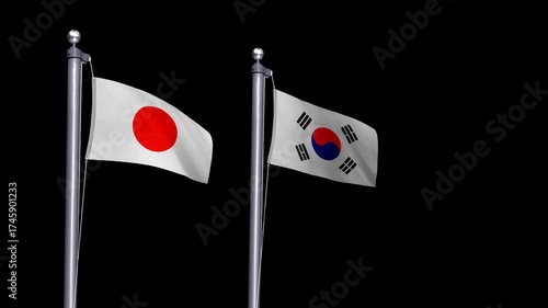 Animated transparent flags of Japan and South Korea symbolizing East Asian partnership, cultural unity, and economic cooperation. Ideal for business and news visuals.