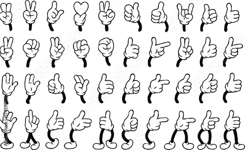 Retro cartoon legs and hands, Hands with gloves and feet with boots, various poses for characters, a set of poses, gestures, placement of hands and feet. Mascot character set. 