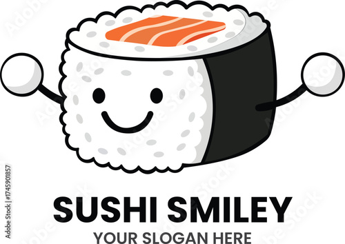 SUSHI SMILEY MASCOT LOGO – Cheerful sushi roll character with salmon topping and seaweed wrap for Japanese cuisine branding