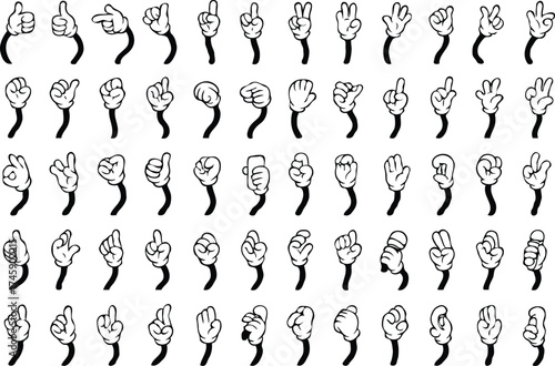 Retro cartoon legs and hands. Vintage hand, foot and f. Hands with gloves and feet with boots, various poses for characters, a set of poses, gestures, placement of hands and feet. Body parts mascot.