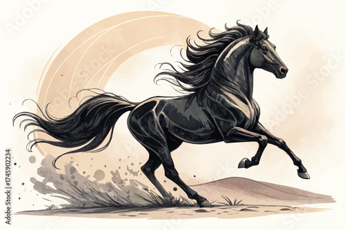 Illustration of a black horse galloping across a sandy landscape with a stylized sun in the background