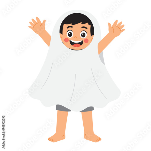 Cheerful child in a ghost sheet costume perfect for halloween designs, party invitations, children's books, and seasonal advertisements