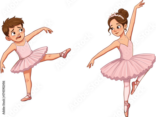 Cartoon children ballet dancers, boy in pink tutu, girl with tiara, graceful poses, childhood dance, artistic performance, balance, flexibility illustration