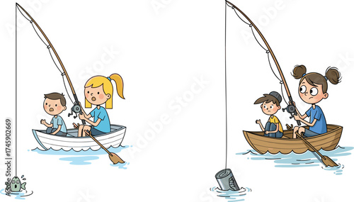 Cartoon children fishing, boy and girl in rowboat, catching fish, catching trash, funny contrast, environmental awareness, kids outdoor activity