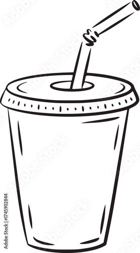 Black and white line drawing of a disposable drink cup with straw disposable cup