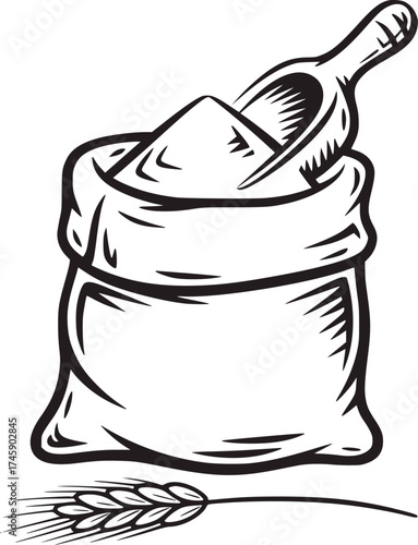 Black and white line art illustration of a flour bag and wheat scoop grain