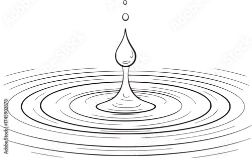 Black and white line drawing of a water drop falling into water ripple