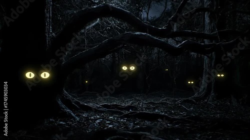 Glowing Yellow Eyes in Dark Forest at Night