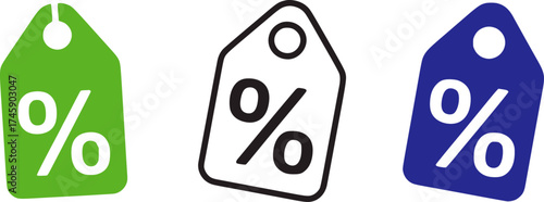 Three price tags with percentage symbols in green black and blue discount sale