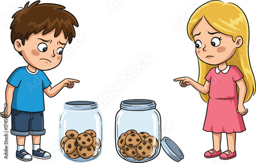 Cartoon children with cookie jars, boy disappointed, girl happy, fairness concept, sharing food, childhood emotions, playful educational illustration