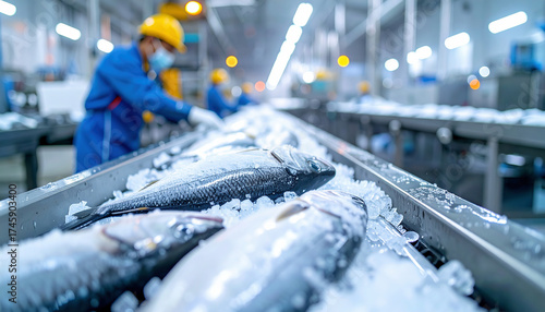 Freshly caught fish covered with ice on an automated conveyor belt inside a modern seafood processing factory, ensuring cold chain and food safety.
