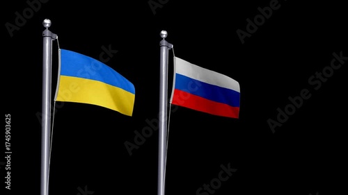 Transparent animated flags of Ukraine and Russia symbolizing geopolitical conflict, diplomacy, and war news coverage visuals.