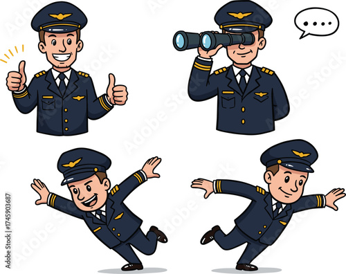 Cartoon male pilot characters, aviation uniform, binoculars, flying pose, thumbs up gesture, vector illustration for airline, animation, stock image