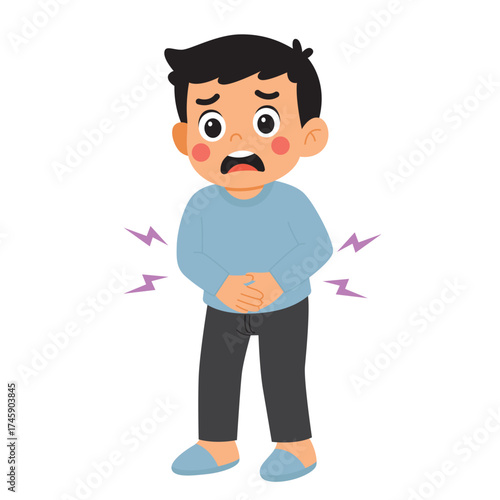 Boy in distress due to abdominal pain, suitable for medical, health, and pain management content, illustrations, or educational materials