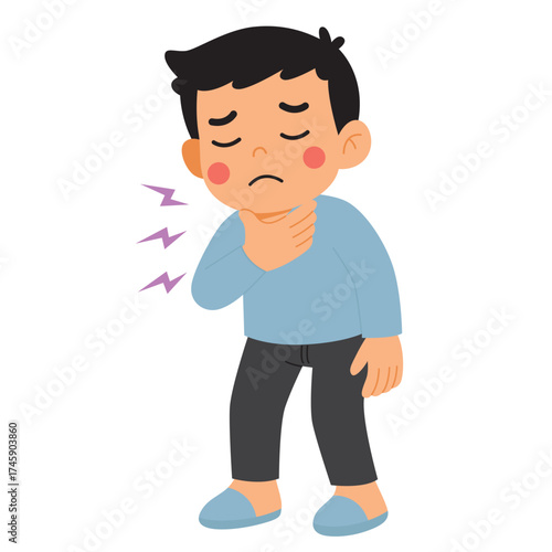 Boy with a sore throat looking unwell. Suitable for health articles, medical blogs, cold and flu awareness campaigns, healthcare brochures