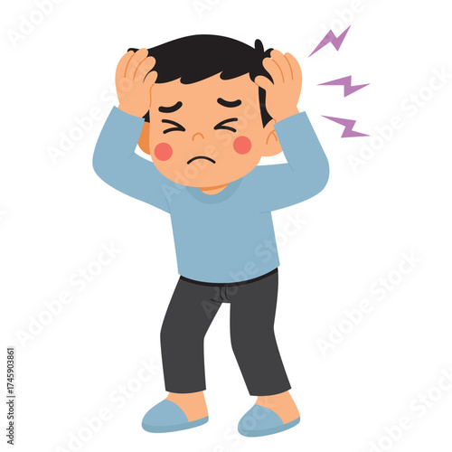 Boy with a headache holding head. Suitable for medical, mental health, stress concepts in stock photos, articles, and designs