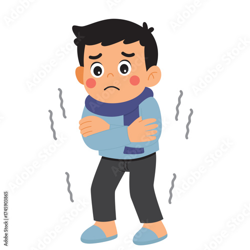 Boy shivers in winter attire. Suitable for illustrating cold weather, season, fashion, discomfort, children, clothing, cozy, warmth concepts