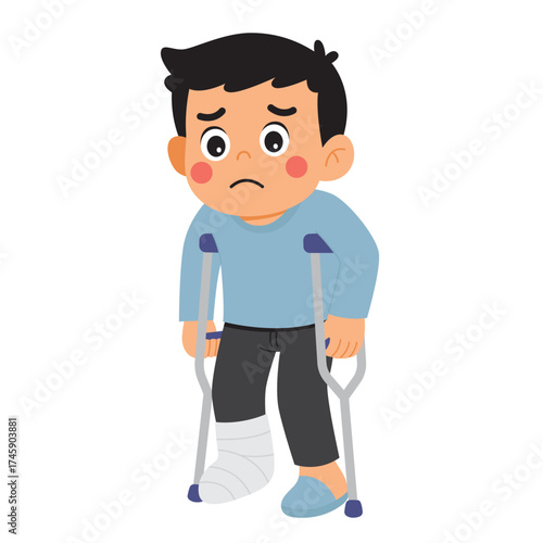 Child with a cast on leg using crutches outdoors. Suitable for healthcare, injury, recovery, childhood, and medical concepts.