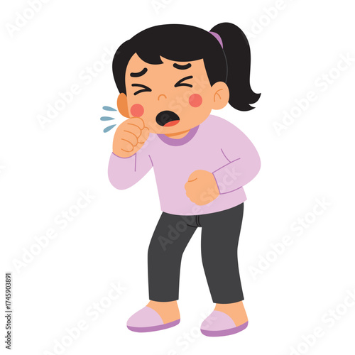 Child coughing into hand, looking unwell. Suitable for healthcare, illness, child care, sickness, medical concepts, hygiene posters, or articles