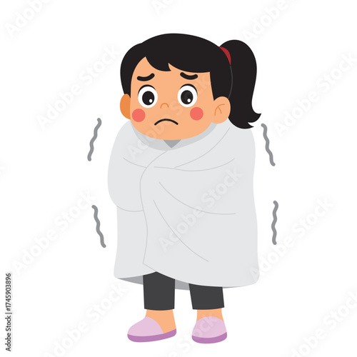 Shivering child wrapped in a white blanket. Suitable for illustrating cold, vulnerability, warmth, comfort, child protection