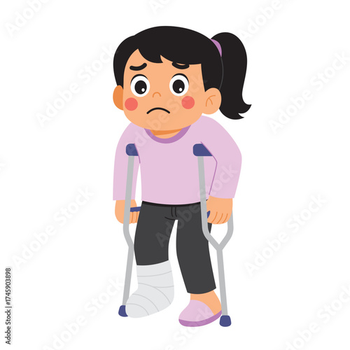 Girl with crutches and leg in cast, suitable for healthcare, injury, rehabilitation, medical, disability, and recovery concepts for designs