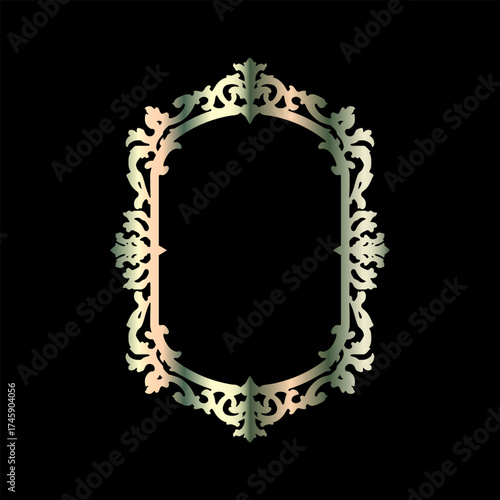 Ornate oval antique picture frame with decorative scroll work on black background