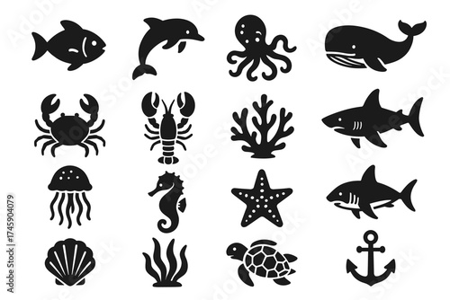 Silhouette icons of marine animals and sea life creatures