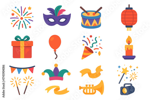 Colorful festive icons featuring fireworks, mask, gift, and musical instruments