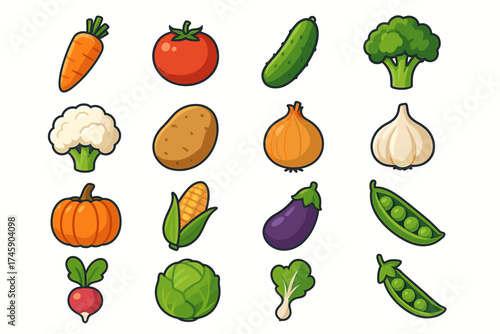 Colorful variety of cartoon vegetables including broccoli, tomato, and carrot