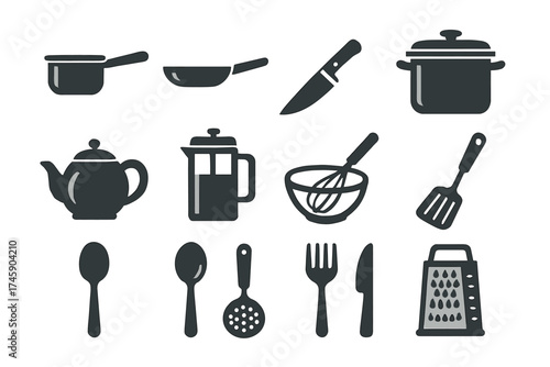 Kitchen utensils and cookware icons set with pot, pan, and knife