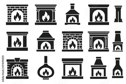 Collection of black fireplace icons: various designs and styles