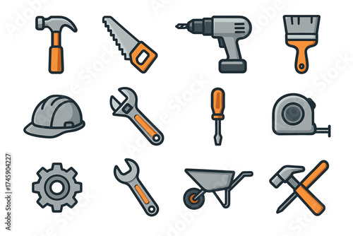 Set of cartoon construction tools: hammer, saw, drill, and more