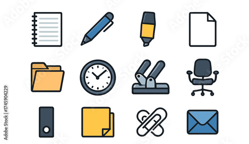 Office supplies icons set featuring stationery and equipment