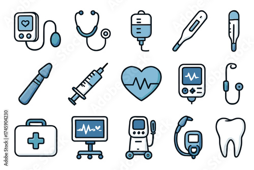 Medical equipment icons featuring stethoscope, syringe, thermometer, and heart monitor