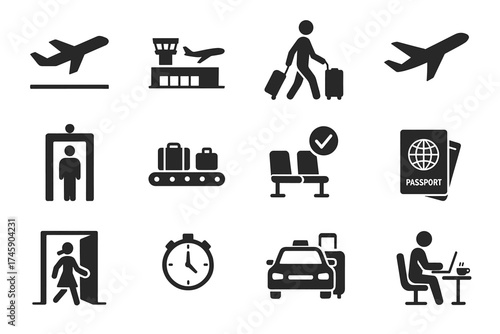 Travel icons: airplane, passport, luggage, security, taxi, waiting area