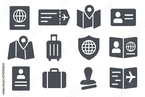 Travel icons set featuring passport, luggage, tickets, maps, and id cards