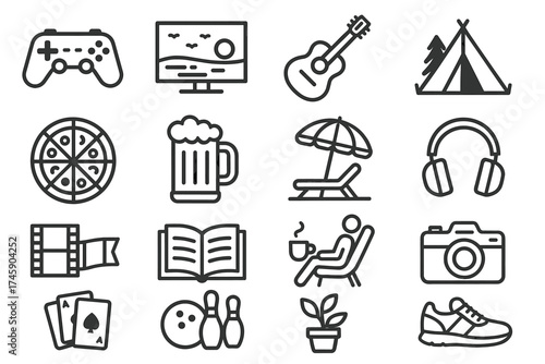 Leisure icons: gaming, music, camping, and more in simple line art