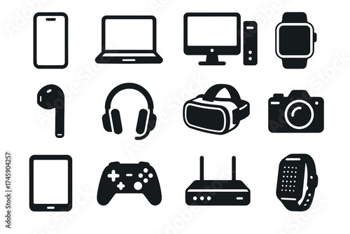 Digital devices icons: smartphone, laptop, monitor, headphones, vr, and more