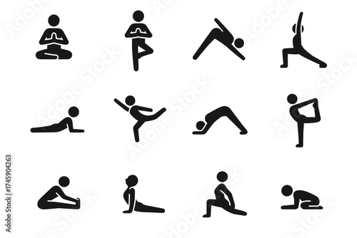 Silhouettes of various yoga poses for exercise and meditation practice