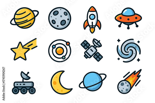 Colorful cartoon space icons - planets, rockets, and astronautical elements