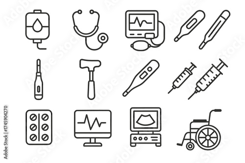 Medical equipment icons: thermometer, stethoscope, syringe, iv bag, wheelchair