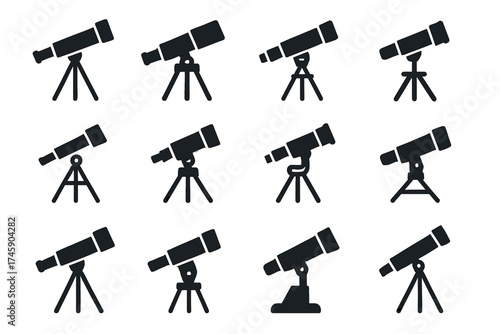 Set of telescope silhouettes on tripods in various designs