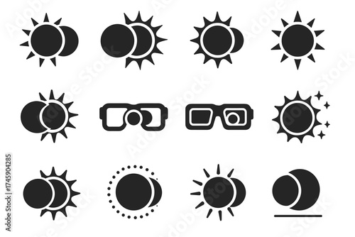 Solar eclipse icon set featuring sun and moon with glasses designs