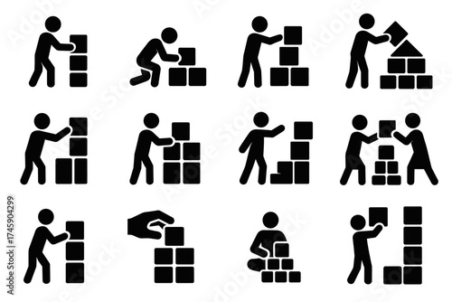 Silhouette figures building blocks in various actions set