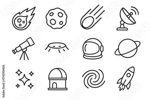 Set of space exploration icons: meteor, telescope, astronaut, rocket, satellite
