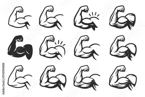 Collection of arm muscle flexing icons in black and white