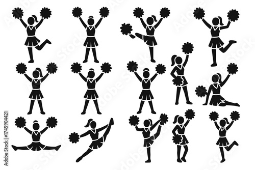 Silhouette cheerleaders with pompoms in various dynamic poses