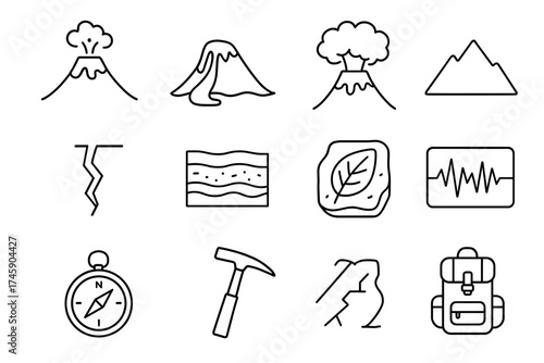 Volcano and earthquake line icons: geology and exploration symbols