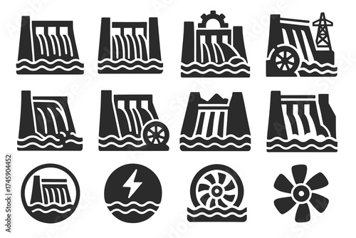 Hydroelectric power icons set illustrating dams and turbines