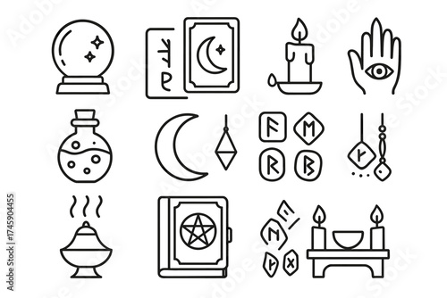 Mystical icons collection featuring tarot cards, runes, candle, crystal ball, and alchemy symbols